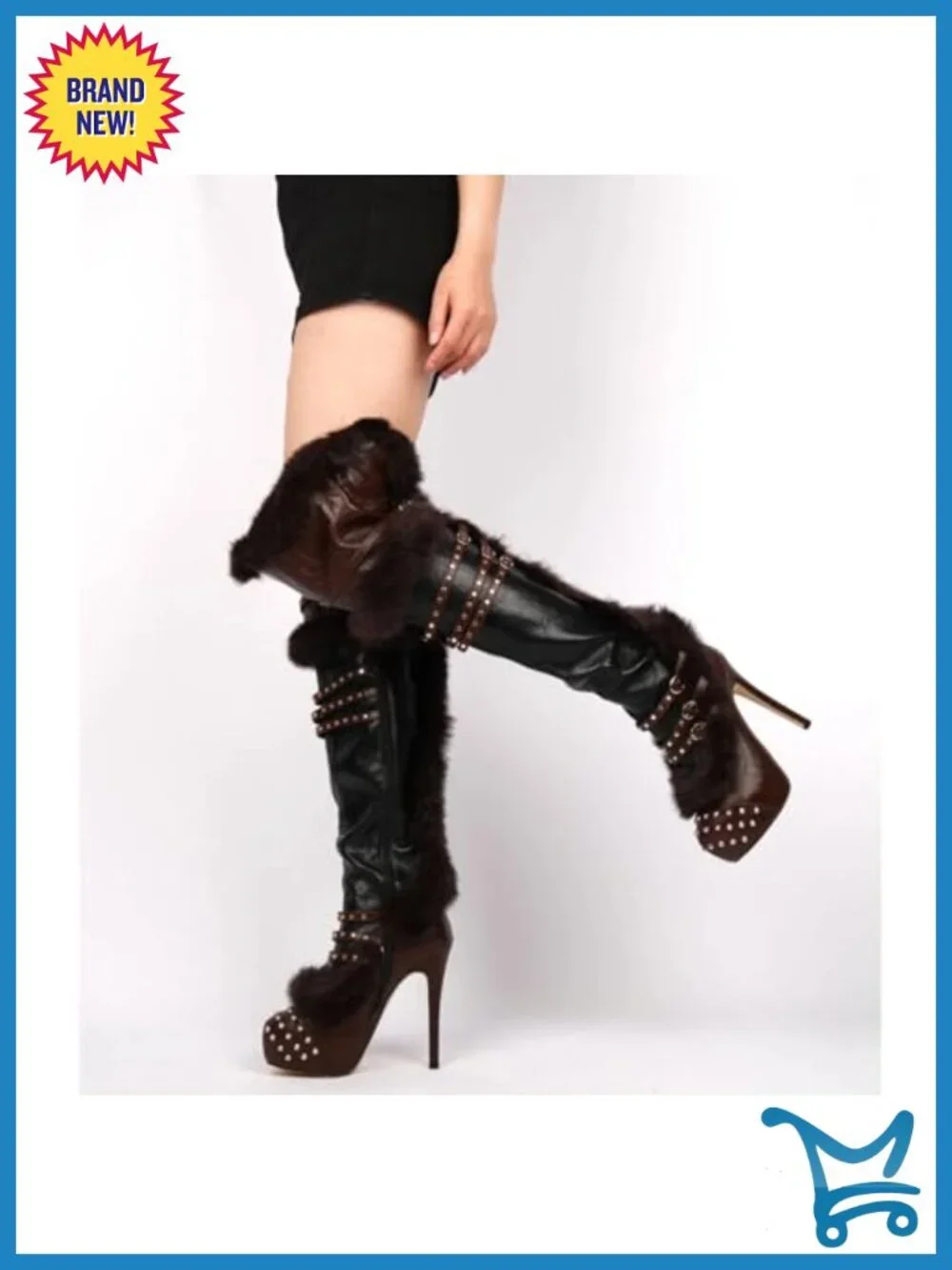 Platform Thigh High Boots Studded Faux Fur Heels Stilettos